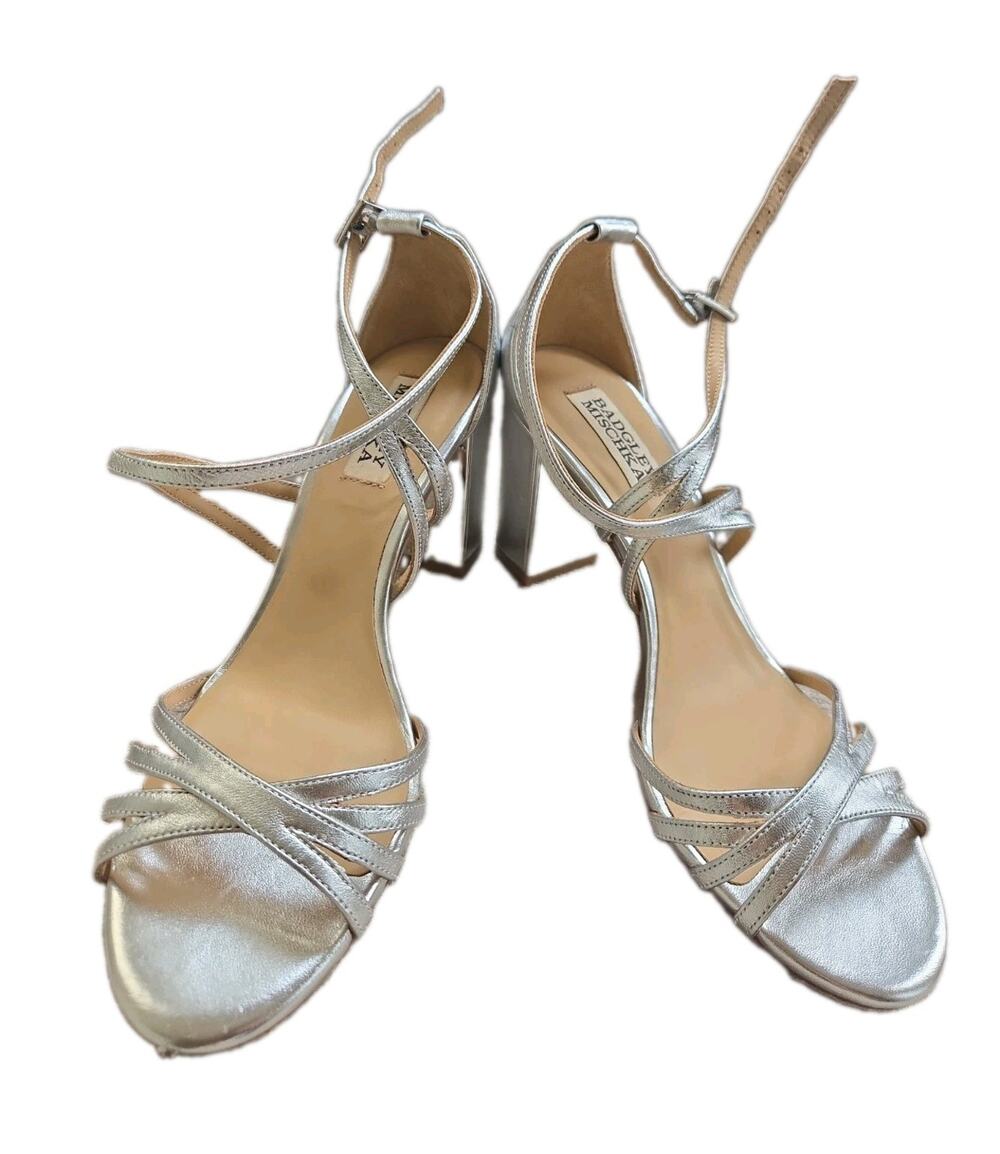 Jewel Badgley Mischka Nella Block Heel Dress Sandals Silver Metallic SZ 7